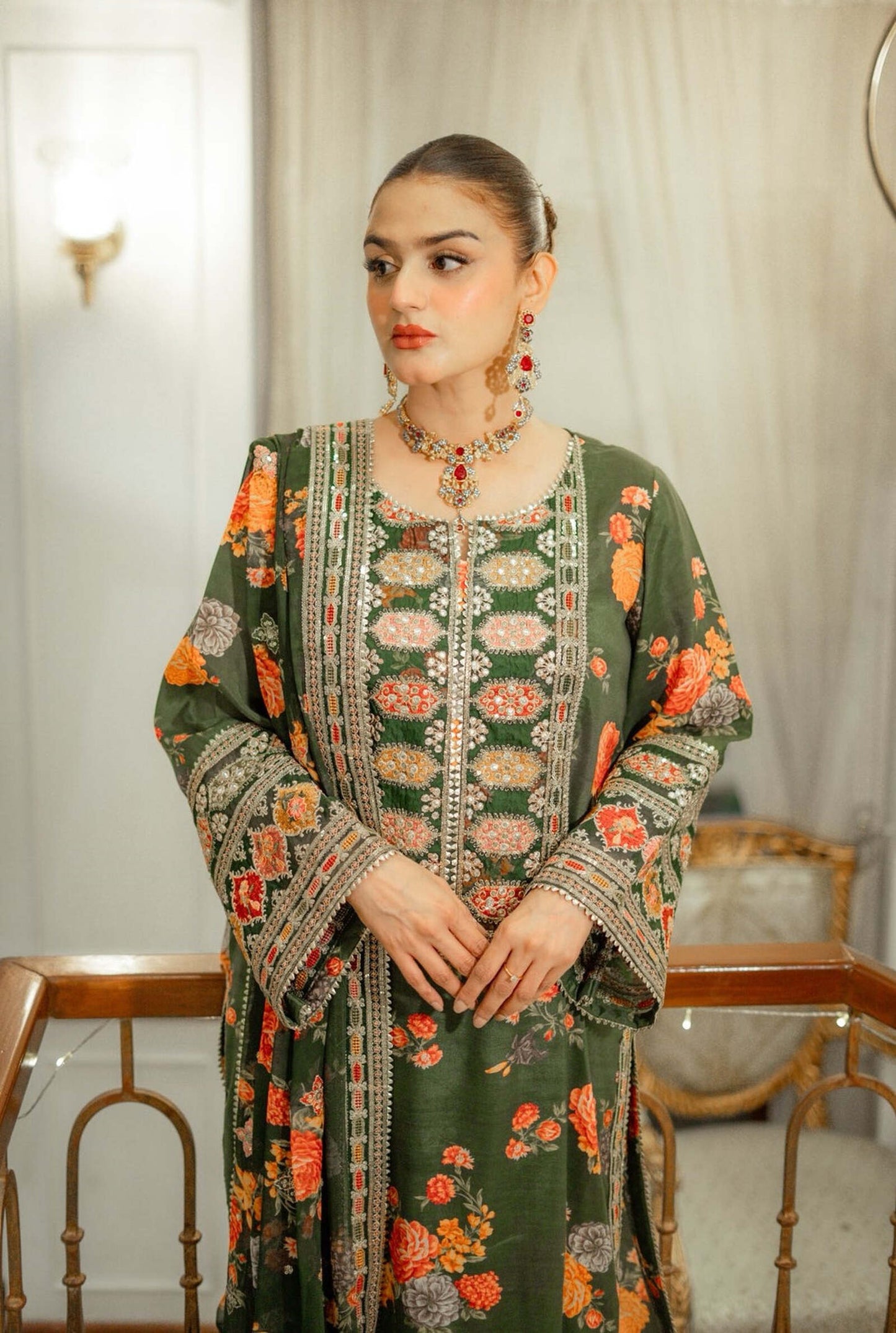 Aneela’s Silk Dress Embroidered Unstitched 3 Piece – Green (LUX-15) (2)