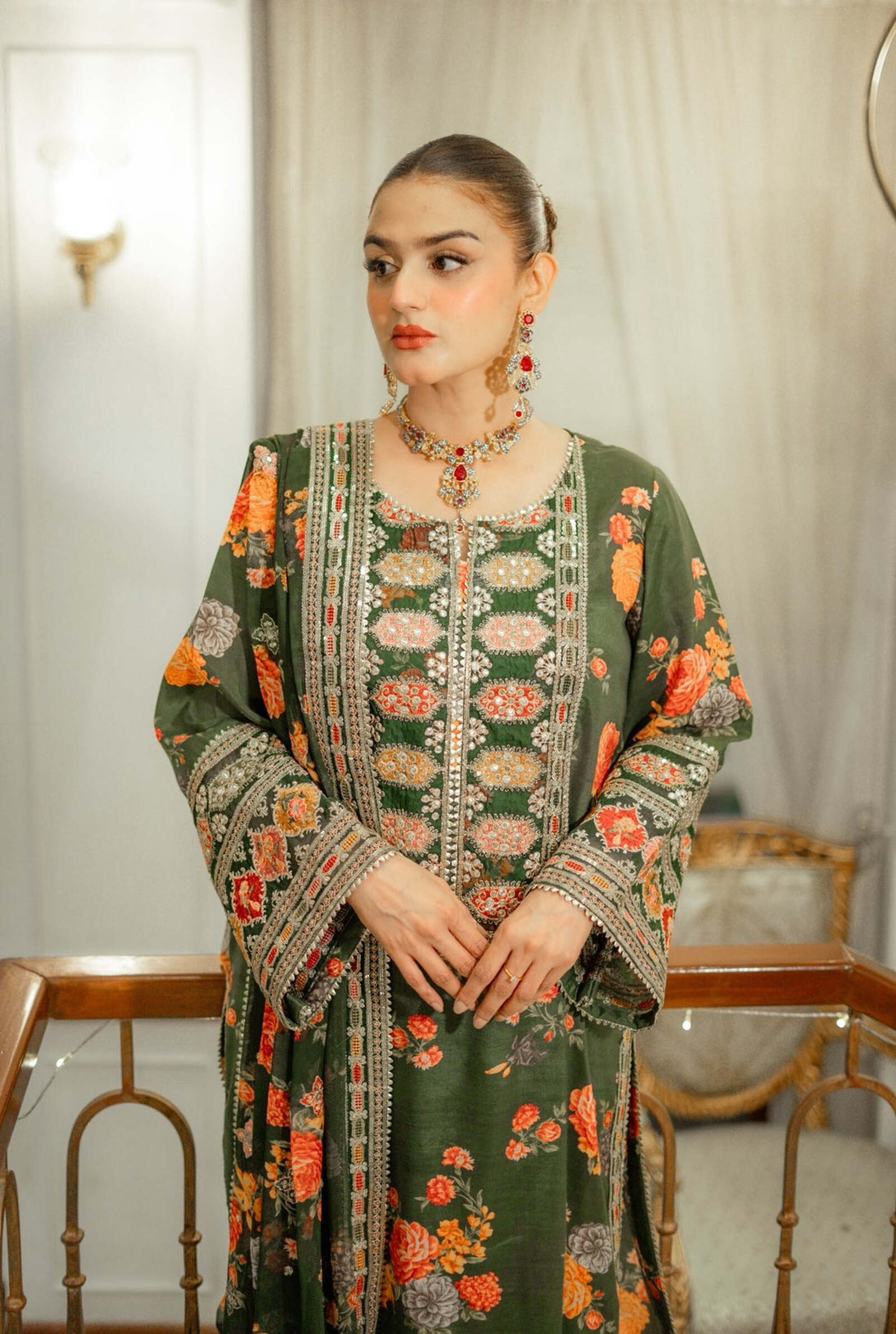 Aneela’s Silk Dress Embroidered Unstitched 3 Piece – Green (LUX-15) (2)
